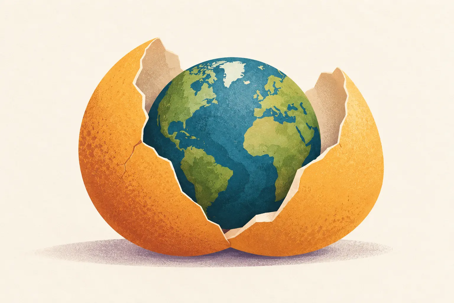Illustration of the Earth held within an open ochre eggshell, representing the fragility of natural resources and the importance of working at a human scale.